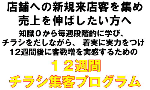 店舗への新規来店客を集め、売上を伸ばしたい方へ。知識０から学び、着実に実力をつけて、12週間後に客数増を実感するための「12週間チラシ集客プログラム」