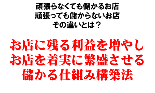 頑張らなくても儲かるお店、頑張っているのに儲からない店。その違いとは?お店に残る利益を増やし、お店を着実に繁盛させる儲かる仕組み構築法